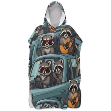 Imagem de Joisal Roupão de secagem rápida para adultos, poncho de surfe, toalhas de banho com capuz, desenhos animados, guaxinins, ponchos de praia azuis para homens