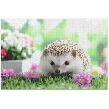 Imagem de Quebra-cabeça personalizado fofo ouriço floral adulto 1000 peças presentes divertidos para homens bobos pintura animal flor única, 75 x 40 centímetros