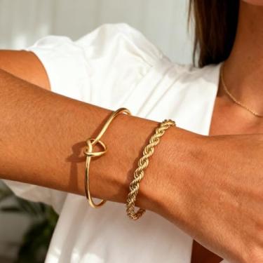 Imagem de Pulseira feminina com nó de ouro grosso para mulheres, pulseira de ouro, joias modernas, presentes de dia dos namorados, presentes de amizade, Medium, Latão, Sem Pedra Preciosa