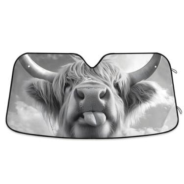 Imagem de Guarda-sol engraçado de vaca Highland preto para para-brisa bonito personalizado dobrável automotivo pára-brisa animal floral retrátil L, 144,8 cm x 80 cm