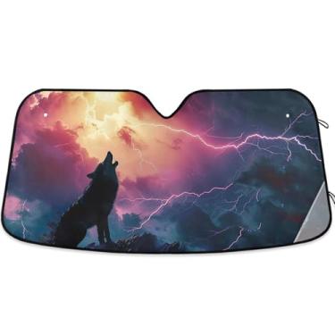Imagem de Guarda-sol épico personalizado lobo uivando para para-brisa de carro universal dobrável caminhão carro sombra para-brisa frontal automotivo L, 144.8 cm x 80.0 cm