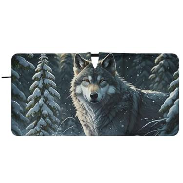 Imagem de Guarda-sol personalizado de floresta de lobo de inverno para para-brisa de carro engraçado dobrável persianas de janela de carro para-brisa frontal floral animal, 81 cm x 157 cm