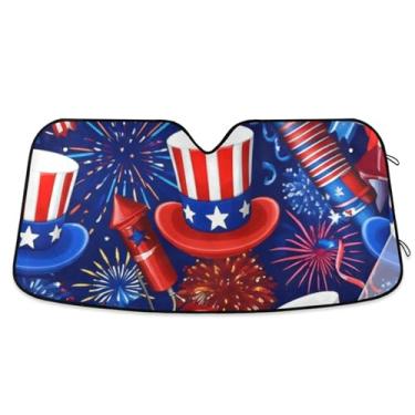 Imagem de Chapéu de fogos de artifício patriótico vermelho azul personalizado para para-brisa de carro engraçado dobrável universal acessórios de carro persianas para-brisa frontal S, 134,6 cm x 59,7 cm