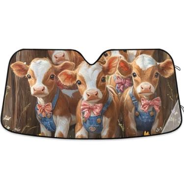 Imagem de Guarda-sol floral engraçado de vaca Highland para para-brisa de carro bonito personalizado retrátil animal automotivo protetor solar P, 134,6 cm x 59,7 cm