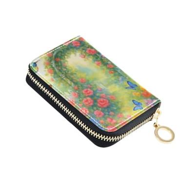 Imagem de Carteira feminina vintage de jardim floral pássaro borboleta pequena com bloqueio de RFID, porta-cartões com zíper e porta-dinheiro