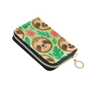 Imagem de Carteira feminina pequena, protetor de cartão de crédito, bloqueio de RFID, zíper ao redor do porta-moedas com chaveiro, desenho fofo verde preguiça