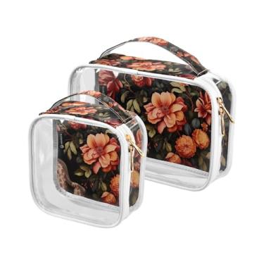 Imagem de GAIGEO Pacote com 2 sacos de maquiagem transparentes com estampa de folha, bolsa de viagem de plástico transparente, bolsas de viagem para viagens aéreas, Pintura de flores vermelhas e laranjas-3, one
