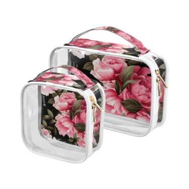 Imagem de GAIGEO Símbolos de Halloween em conjunto de sacolas de higiene pessoal transparente laranja, bolsa de maquiagem de higiene pessoal, bolsas de acessórios de viagem, pacote com 2, Flor de peônia em