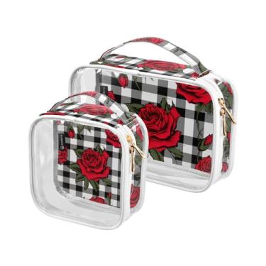 Imagem de GAIGEO Blue Forgetmenots Conjunto de bolsas de higiene pessoal transparentes, bolsa de cosméticos transparente, bolsa de cosméticos para mulheres, pacote com 2, Rosas vermelhas no tabuleiro xadrez