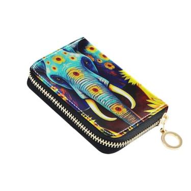Imagem de Lindas carteiras com porta-cartões com bloqueio de RFID, pequenas carteiras femininas de couro com zíper e bolsa de moedas, azul elefante girassóis florais