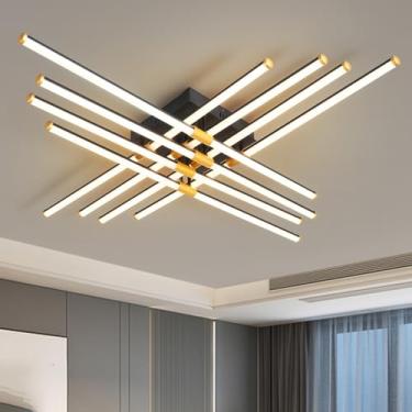 Imagem de Lustre moderno linear semi-embutido, luminária de teto minimalista com controle remoto, lâmpada de teto LED para sala de estar e quarto.