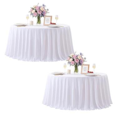 Imagem de Pacote com 2 toalhas de mesa redondas brancas de 152 cm, toalha de mesa redonda branca para casamento, festa de aniversário, chá de panela, reutilizável, lavável, de poliéster, para cozinha, jantar