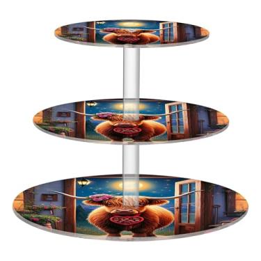 Imagem de Lindo suporte de cupcake Highland Cow Moon Night de 3 níveis para festa, exibição de acrílico, torre de cupcake, buffet, sobremesa, decoração de cupcakes, suporte de comida, formatura