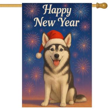 Imagem de HOMETITUTE Feliz Ano Novo Bandeira de casa 71 x 101 cm Bandeira de jardim de inverno com chapéu de Papai Noel, fogos de artifício, decoração de quintal ao ar livre, faixa de boas-vindas sazonal para