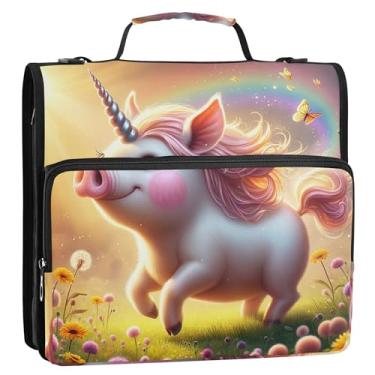 Imagem de Fichário com 3 anéis de porco unicórnio fofo anel D 1,5 polegadas fichário organizador de fichários com alça bolsa escolar estojo portfólio de armazenamento com alça