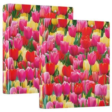 Imagem de Pastas coloridas personalizadas de tulipas vermelhas e amarelas de 3 cm com 3 anéis, 200 folhas, fichário de escritório, 31,5 x 27 x 6 cm, pacote com 2