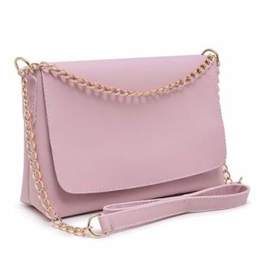 Imagem de Bolsa Transversal Feminina Elegante, Couro Sintético Preto, Alça de Corrente Dourada, Estilo Clássico (Rosa)