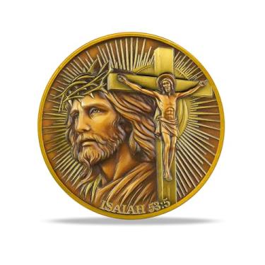 Imagem de RYUKENLM Moeda de Desafio Cristão Jesus na Cruz Isaías 53:5 KJV Verso da Bíblia Token de Salvação Moeda Religiosa Inspiradora Presente Baseado na Fé para Homens e Mulheres
