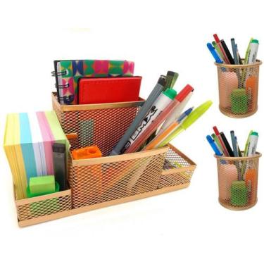 Imagem de Kit Organizador e Porta Caneta Lápis Kit Escritório Aramado Dourado Ou