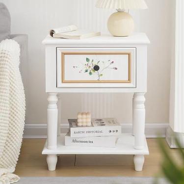 Imagem de Mesa de cabeceira de madeira maciça com gavetas, mesinhas de cabeceira de meados do século com prateleira de armazenamento aberta, mesa de canto para quarto, alça de metal, mesa lateral rústica