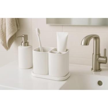 Imagem de Porta Escova de Dente Duplo com Divisórias Design Moderno Antimofo para Banheiro Anti Derrapante (Branco)