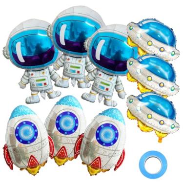 Imagem de Hrhshw 9 peças grandes, 3 balões de astronauta, 3 balões de nave espacial, conjunto de 3 balões de foguete, decoração para festa de aniversário espacial