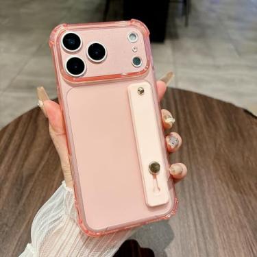Imagem de Capa de silicone transparente de luxo com fluorescência brilhante para iPhone 17 Air 16 15 14 13 Mini 12 Pro Max Plus com alça de pulso e suporte (para iPhone 16 Pro/Rosa)