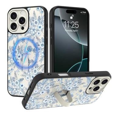 Imagem de PIGLULOO Capa para iPhone 16 Pro Max com suporte de alça de dedo, compatível com Magsafe, linda estampa de flor azul para mulheres e meninas, design floral estético, proteção total da câmera, à prova