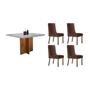 Imagem de Sala Jantar Mesa Berlim Tampo Curvo 90cm+4 Cadeiras Dakota Madeira Naturale - Capuccino/Suede Marrom - Rufato