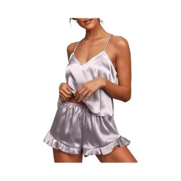 Imagem de Conjunto De Pijama Feminino Sensual De Seda E Cetim Com Top Cami Decot