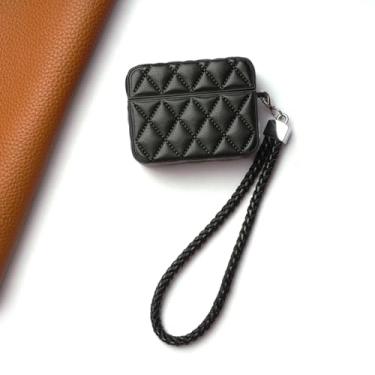 Imagem de Capa MC Fashion para AirPods Pro 3, capa protetora acolchoada de couro PU com cordão trançado padrão de diamante fino compatível com AirPods Pro 3 (2025) (preto)