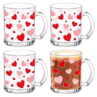Imagem de Whaline 4 peças canecas de café de vidro para dia dos namorados com alça xícaras de café vermelho rosa coração canecas de bebidas para bebidas quentes e frias, aniversário de casamento feminino
