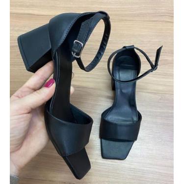 Imagem de Sandália Feminina Salto Bloco Médio Bico Quadrado Tira Fivela Elegante