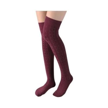 Imagem de Meias Térmicas Femininas De Tricô Acima Do Joelho, Grossas, Quentes E 