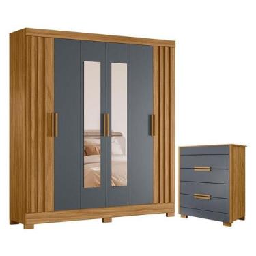 Imagem de Guarda Roupa Casal Valença com Espelho e Cômoda Dhara Freijó Cinza  Mo