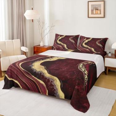 Imagem de Erosebridal Jogo de lençol Queen de mármore dourado vermelho para crianças, meninas, adolescentes - lençol com elástico moderno com textura de mármore abstrato, boêmio, hippie, colorido, estilo retrô