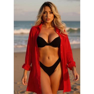 Imagem de Camisão Longo Saida de Praia Com Botões com Manga Longa e Bolso Frontal Chamise-Feminino
