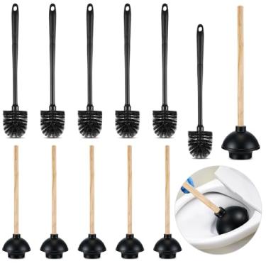Imagem de Sawysine 12 peças de desentupidores de vaso sanitário de 45 cm e escova de limpeza de vaso sanitário de 41 cm, êmbolos comerciais resistentes com ventosa de borracha de força de impulso duplo para