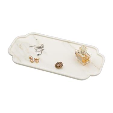 Imagem de Marmor Bandeja de banheiro de mármore 100% natural para perfume, velas, vaidade de pedra de joias, organizador de balcão de banheiro e cozinha e decoração de casa (prato longo de renda de mármore