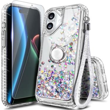 Imagem de Capa NGB projetada para iPhone 17, pedra de cristal | Capa de telefone fofa com glitter líquido brilhante para mulheres e crianças | com protetor de tela de vidro temperado, suporte de anel e cordão
