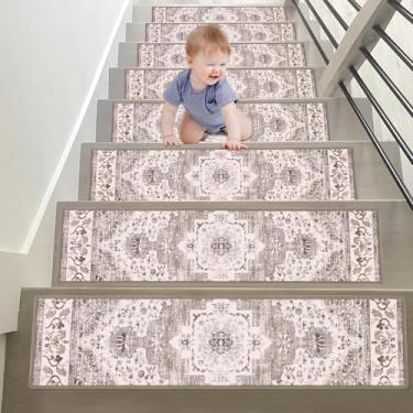 Imagem de Tapete antiderrapante para degraus de madeira bege marrom 76.2 cm x 20.3 cm descascar e colar degraus escada degraus bordas interior escada corredor capas tapete de segurança para crianças e animais