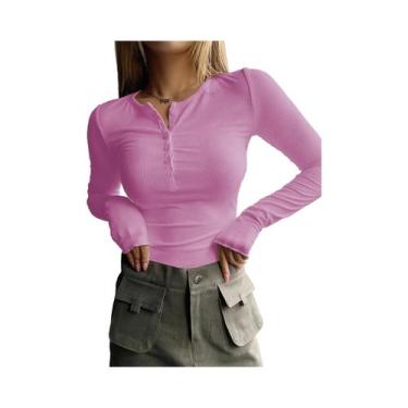Imagem de Camiseta Casual Feminina De Manga Longa Com Textura Lisa E Botão Front