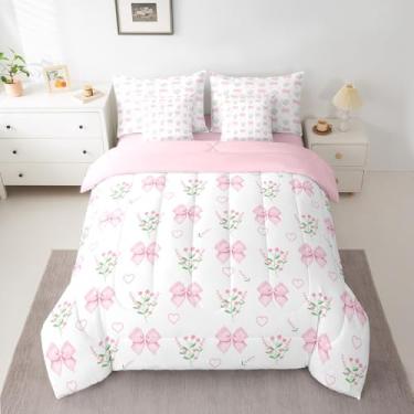 Imagem de jejeloiu Jogo de cama com laço rosa em uma bolsa, fofo, com laço, floral, 7 peças, para crianças, meninos, meninas, princesa, respirável, macio, leve