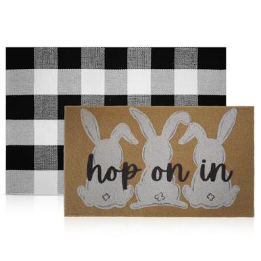 Imagem de ElasignShopo 2 peças de capacho de páscoa para ambientes externos antiderrapante Happy Easter Bunny Coir Coir Coelho de Páscoa Hop On In Tapete de entrada da porta da varanda da frente Tapete xadrez