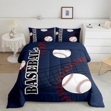 Imagem de jejeloiu Conjunto de edredom com estampa de beisebol azul, 2 peças, com 1 fronha, alternativa, macio e leve para todas as estações