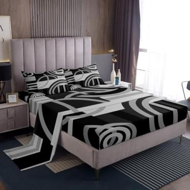 Imagem de Jogo de cama de arte listrada moderna para meninas, meninos, crianças, king size, cinza e preto, decoração de quarto, abstrato, 4 peças, lençol com bolso profundo de 40,6 cm, microfibra macia e leve