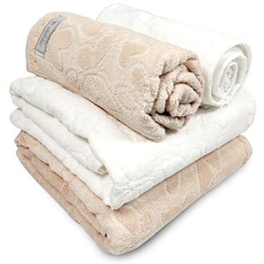 Imagem de Jogo de Banho 4 Peças Romance Dohler Aveludada 100% Algodão Toalha Fio Penteado Coração Borboleta (Branco/Bege)