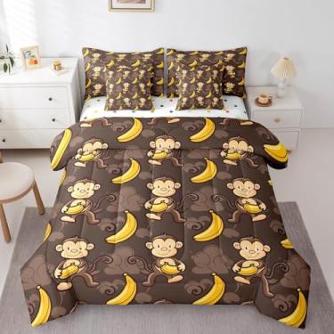 Imagem de jejeloiu Conjunto de edredom Queen com estampa de macaco, 7 peças, para crianças, meninos, meninas, adolescentes, animais fofos, em microfibra, macio, leve, decoração de quarto