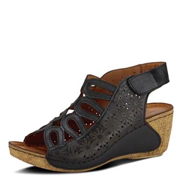 Imagem de Spring Step Sandálias femininas de couro Inocencia | Sandálias de salto baixo femininas com design floral de corte a laser, alça de , estilo mediterrâneo, Preto, 9.5-10