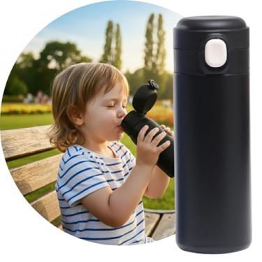 Imagem de Garrafa Térmica Parede Dupla, 350ml, Inox, Tampa Abre e Fecha Fácil, Conserva Bebidas Geladas por 24h (Preta)